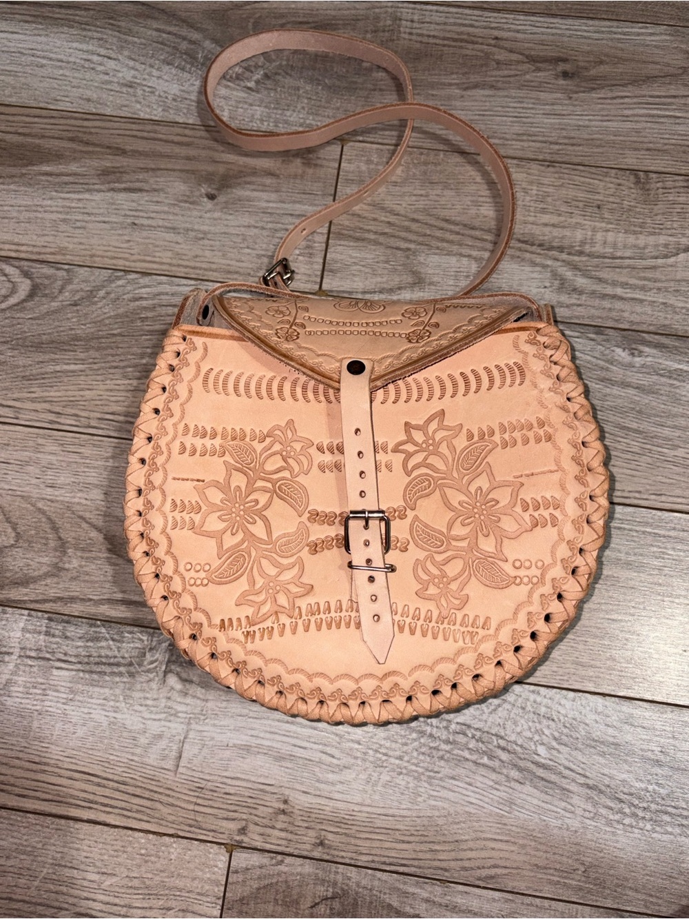 Floral Tooled Round Crossbody Bag in Natural